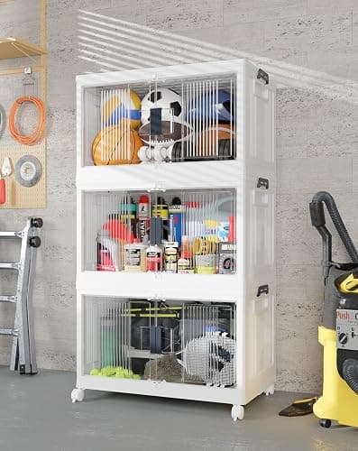 OlarHike 23QT Stackable Storage Bins with Lids - Folding Storage Box with Doors and Wheels, Collapsible Plastic Storage Drawers for Closets and Organization, Garage, 3 Pack Cubes, Gifts for Family - Image 1