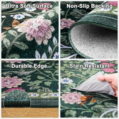 PLHXFR 8x10 Area Rug Living Room: Floral Washable Boho Carpet Dark Green | For Bedroom Dining Room Farmhouse Nursery Hallway,Vintage Floral,Machine washable,Non Slip,Stain Resistant,Large Indoor thumbnail 6