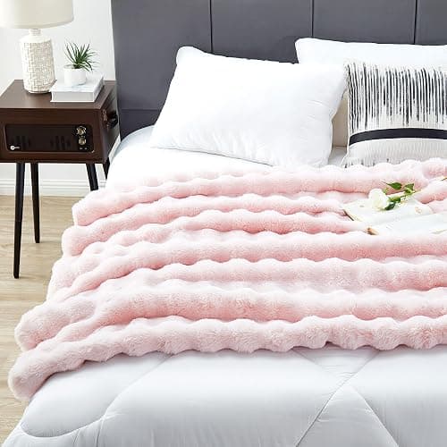 DREAMNINE Decorative Soft Thick Fuzzy Bubble Faux Rabbit Fur Throw Blanket for Couch Sofa, Reversible Plush Warm Fluffy Blankets for Winter, Luxury Cute Cozy Furry Fur Blanket for Bed, 50" x 60", Pink thumbnail 5