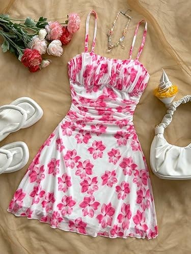 SHENHE Girl's Floral Ruched Spaghetti Strap Sundress Mesh A Line Flowy Boho Mini Dress thumbnail 3