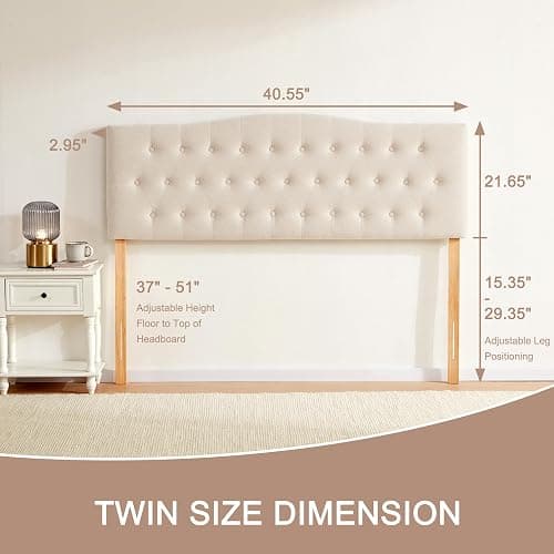 Huatean Home Tufted Upholstered Headboard Twin Size, Sturdy and Durable Solid Wood Twin XL headboard, Fabric Headboard Adjustable Height from 37” to 51”, Modern Button Diamond Design Head Board, Beige thumbnail 2