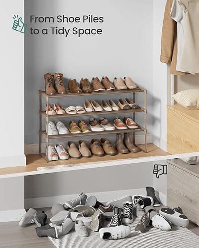 SONGMICS Shoe Rack, 3-Tier Shoe Organizer, Metal Storage Shelf | for Entryway, Upright or Upside Down, for 16-20 Pairs, Stackable, 11.8 x 36.2 x 21.7 Inches, Walnut Brown ULSA303K01 thumbnail 9