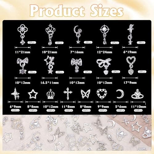 100 Pcs Silver Nail Charms and Gems, Silver Dangle Star Bows Nail Gems Charms, Metal Crown Heart Butterfly Charms for Acrylic Nail Art Alloy Cross Nail Charms for Women DIY Accessories thumbnail 2