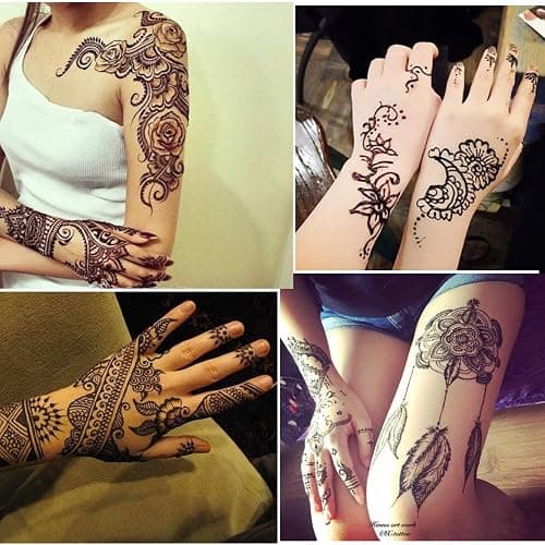 Black Tattoo Cones, Yomagine 4Pcs Black Temporary Tattoo Kit, 100% Natural Ready to Use Black Tattoo Paste, India Body DIY Art Painting for Women Men Kids with 20 Adhesive Stencils, 1 Bottle, 4Nozzles thumbnail 7