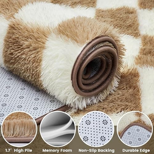 Ecoshag Soft Rugs for Living Room, 2x6 Ft Beige and White Checkered Fluffy Shaggy Rugs for Indoor Use, High Pile Ultra Fuzzy Rug for Bedroom Kids Nursery Rooms,Home Decor Aesthetic thumbnail 2