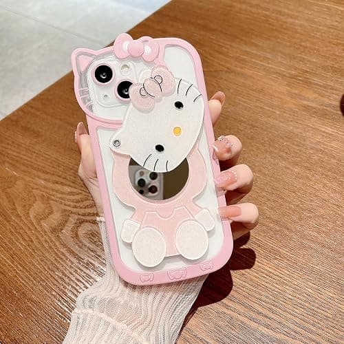 XXYUIKEZI for iPhone 16 Kawaii Cartoon Cute Pink Phone Case，Built-in Makeup Mirror for Women Girls, Soft Transparent Protective Pink Phone Case thumbnail 2
