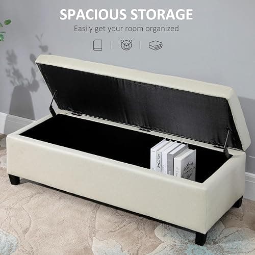 HOMCOM Large 50" Rectangular Storage Ottoman Bench, Tufted Upholstered Linen Fabric Wood Feet Entry Bench, Contemporary Home Decor Beige thumbnail 4