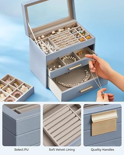 SONGMICS Jewelry Box Organizer with Glass Lid, 4-Layer Jewelry Storage, with 3 Drawers, Modern Style, 6 x 9.9 x 8.5 Inches, Smoky Blue and Gold Color UJBC161Q01 thumbnail 6