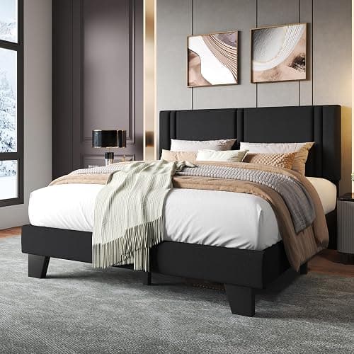 Einhomn Upholstered Queen Size Bed Frame with Linen Fabric Headboard, Strong Wooden Slats Support, Noise Free, No Box Spring Needed, Black - Image 1