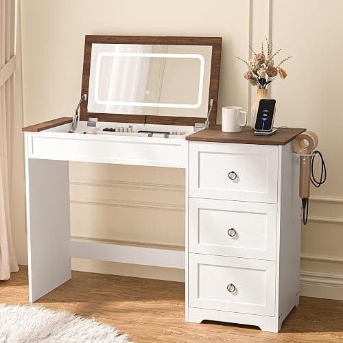 Keonjinn White Flip Top Vanity Desk with Mirror and Lights, 3 Drawers, Dimmable 3 LED Lighting Modes, Charging Station & Hairdryer Rack, 46" W Modern Farmhouse Makeup Dressing Table, NO Chair Included - Image 1