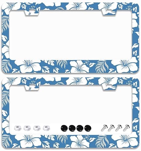 2 Pcs Blue Hawaiian Hibiscus Flowers License Plate Frames - 2 Holes Stainless Steel Metal Auto Car Accessories Decoration License Plate Frame Cover Size 6.3" x 12.2" Fit US Vehicles for Women Men Gift - Image 1