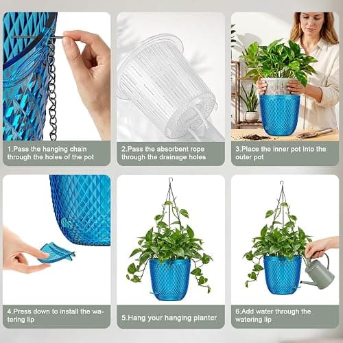 QCQHDU Hanging Planters for Indoor Plants, 2-Pack 7.2 Inch Self Watering Hanging Pots, Plastic Plant Hanger with Drainage Holes and 3 Hooks Chains for Garden Home (Klein Blue) thumbnail 6