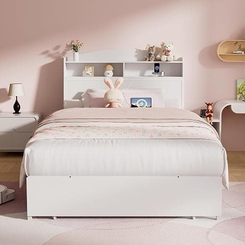 Wooden Twin Bed Frame with Smart Storage Headboard & Drawer, 3-in-1 USB Charging Station, No Box Spring Required, Non-Slip Design, Perfect for Kids, Teens, or Guest Room (No Door White, Twin) - Image 1