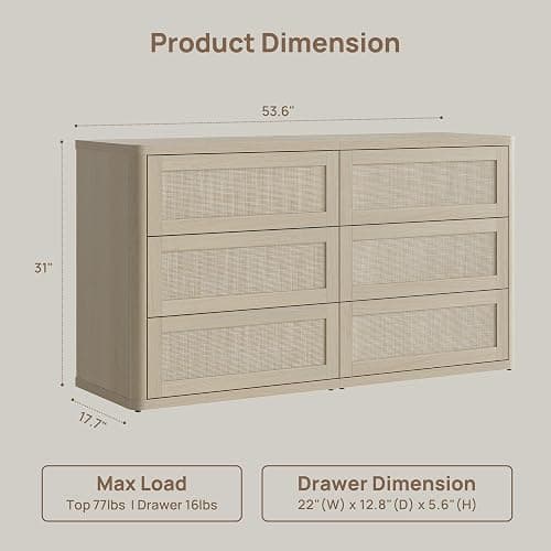 SICOTAS Dresser for Bedroom - 6 Drawer Dresser for Nursery 54" Wide Rattan Dressers & Chests of Drawers Boho Drawers for Bedroom Living Room Clothes Large Closet Storage for Closet Hallway Entryway thumbnail 3