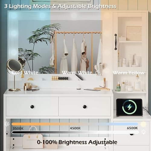 Vanity Desk with Lights, Makeup Vanity Set with Charging Station and Chair, Makeup Vanity with Mirror and 10 LED Lights, Makeup Vanity with Power Strip, Dressing Table Set with 5 Drawers black Handle thumbnail 3