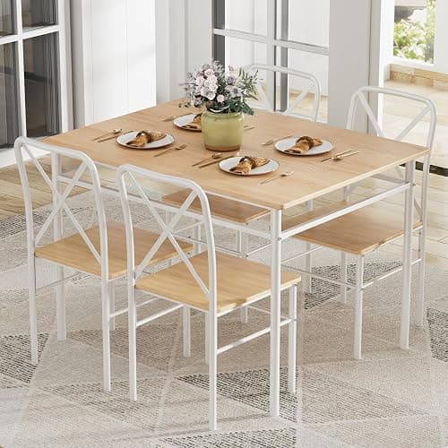 VECELO Dining Table Set for 4, 5-Piece Wood Kitchen Table with Chairs for Small Space, Breakfast Nook, Space-Saving, Natural White - Image 1