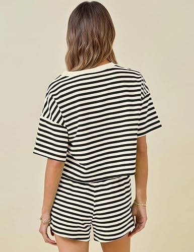 MISSACTIVER Womens Lounge 2 Piece Sets Summer Striped Matching Pajamas Set Short Sleeve Oversized T Shirts Drawstring Shorts thumbnail 3