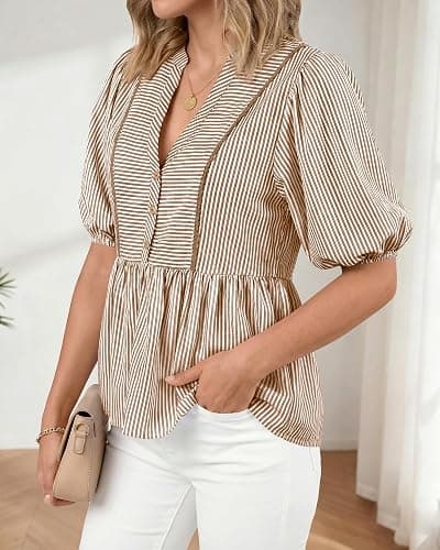 dowerme Womens Summer Tops 2026 Fashion Lantern Short Sleeve V Neck Button Peplum Shirts Spring Stripes Babydoll Blouses thumbnail 8
