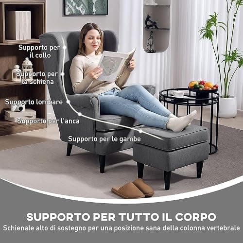 HOMCOM Poltrona Relax con Pouf Poggiapiedi, Cuscino e Schienale Alto, Poltroncina Camera da Letto in Tessuto Trapuntato con Gambe in Legno e Braccioli per Salotto e Soggiorno, 75x83x104 cm, Grigio thumbnail 4