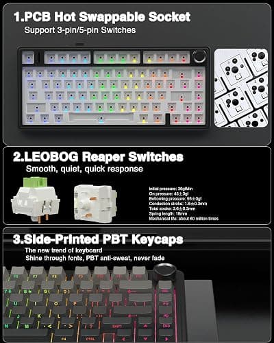 AULA F75 Pro Wireless Mechanical Keyboard,75% Hot Swappable Custom Keyboard with Knob,RGB Backlit,Pre-lubed Reaper Switches,Side Printed PBT Keycaps,2.4GHz/USB-C/BT5.0 Mechanical Gaming Keyboards thumbnail 5