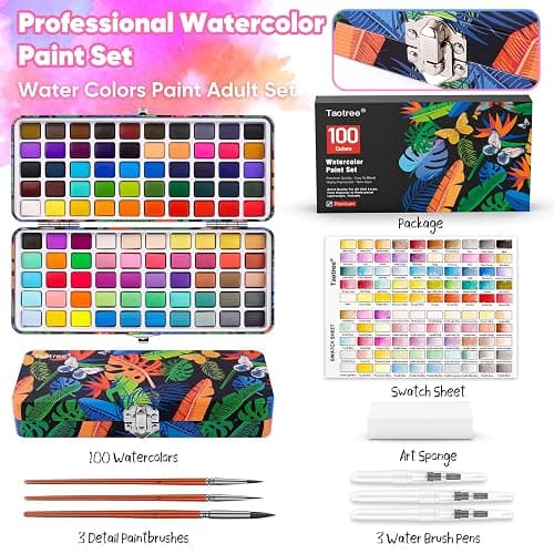 Taotree Watercolor Paint Set 100 Colors, Art Supplies Watercolors Kit Travel Water Colors with 3 Paints Brushes, Crafts Painting Supplies, Drawing for Adults Artist Drawing, Painting thumbnail 5