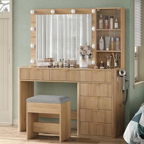 Yanosaku 47" Fluted Vanity Desk with Mirror & LED Lights, 7-Drawer Makeup Vanity with Glass Top & Cabinet, Vanity with Chair & Charging Station, 3 Lighting Modes, for Bedroom, Natural Oak thumbnail 4
