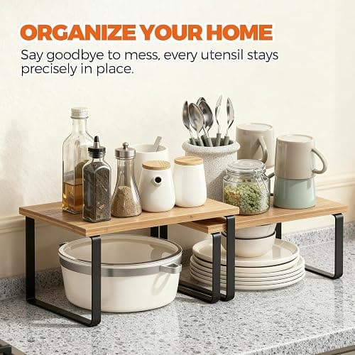 HYASTO Cabinet Organizer Shelf - 2 Pack Wood Kitchen Organizer, Upgraded Cabinet Organizer Shelf for Kitchen Storage, Countertop, Spice Rack, Stackable, Expandable, Ink Black and Natural Beige thumbnail 3