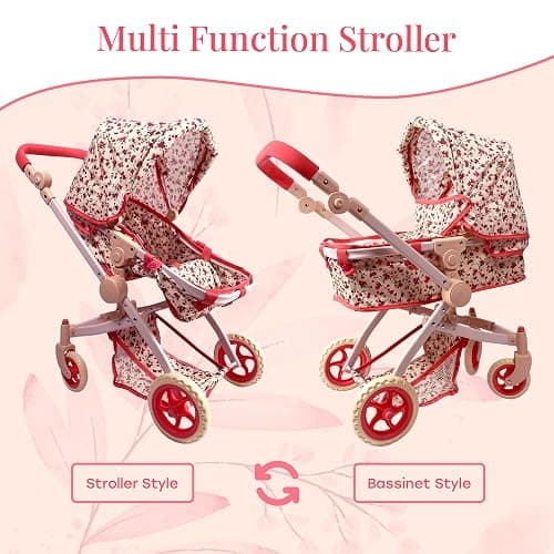 Convertible Combo Baby Doll Stroller for 3 Year Old Girls & Up | Play Toy Baby Stroller for Dolls, Folding Adjustable Bassinet Carriage Buggy with Storage Basket Converts to Sit Up Pushcart Pram, Red thumbnail 4