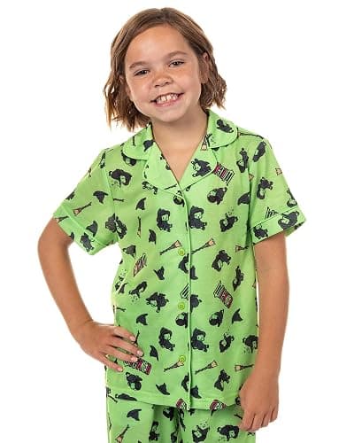 INTIMO Wicked Girls’ Elphaba Pajamas Chibi Broom Hat Button-Up Shirt Pajama Set for Kids thumbnail 2