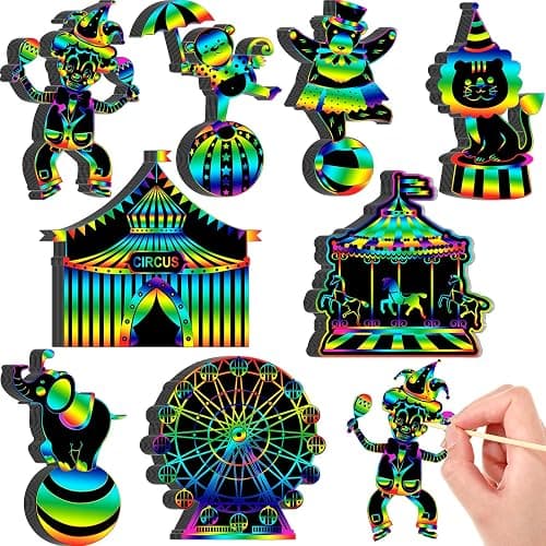 RoundFunny 80 Pcs Carnival Cutouts Scratch Cards Circus Theme Party Crafts Kids Colorful Circus Animals Scratch Paper for DIY with 80 Pcs Stick and Ribbon for Birthday Party Classroom Rewards Art - Image 1