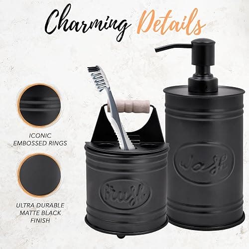 Autumn Alley Rustic Bathroom Accessories Set - Farmhouse Soap Dispenser and Toothbrush Holder Set - Western Bathroom Accessories, Farmhouse Decor for Bathroom Countertop, Galvanized Black thumbnail 4