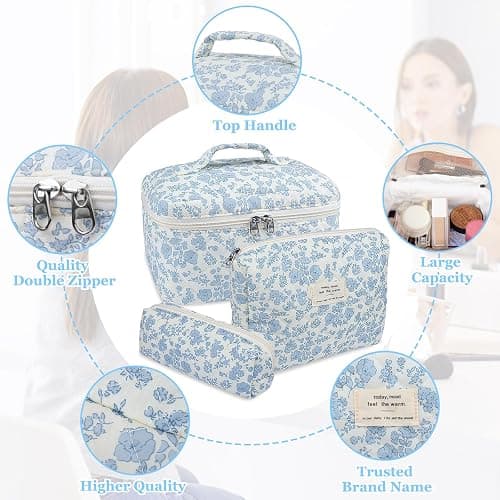 Makeup Bag, Large Quilted Cosmetic Bag, Big Floral Make Up Bag for Women Girls, Cute Cotton Makeup Bag Set, Flower Travel Toiletry Organizer Bag (Blue Flower) thumbnail 4