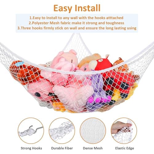 KOHUIJOO Toy Hammock for Stuffed Animals, Stuffed Animal Hammock Net Jumbo Plush Toy Storage Cornet Net 70" Wall Sling Large Teddy Bear Storage Organizer White thumbnail 3