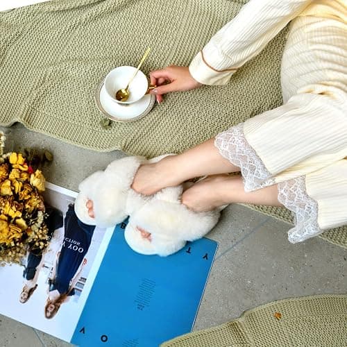Parlovable Women's Fuzzy Slippers Comfy Cross Band House Shoes Memory Foam Open Toe Indoor Gifts for Ladies thumbnail 5