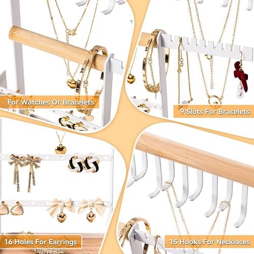 DreamGenius Jewelry Organizer Stand with Velvet Ring Holder, 4 Tier Jewelry Holder Organizer with 15 Hooks for Necklaces and 16 Holes for Earrings, White thumbnail 7