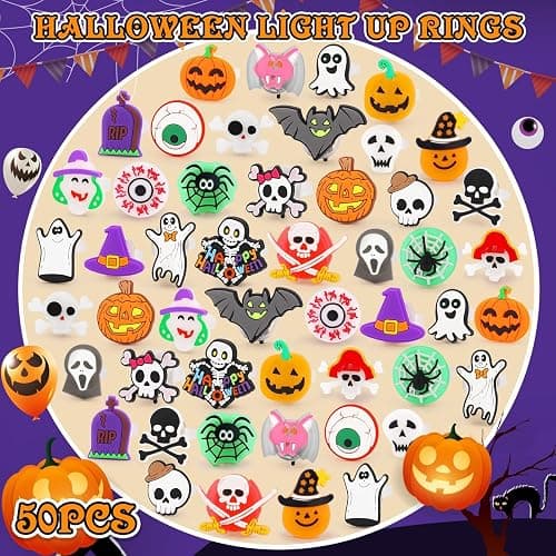 Halloween Party Favors 50Pcs Trick or Treats Halloween Toys for Kids | Halloween Party Favors for Kids & Adults, Non‑candy Gift Bag Fillers, Light Up Rings for Halloween party supplies thumbnail 7