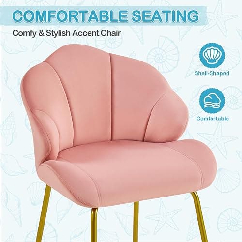 Yaheetech Velvet Armchair, Accent Tub Chair with Metal Legs, Cute Vanity Chair with Shell Shaped Backrest for Living Room/Bedroom/Makeup/Office, Pink thumbnail 7