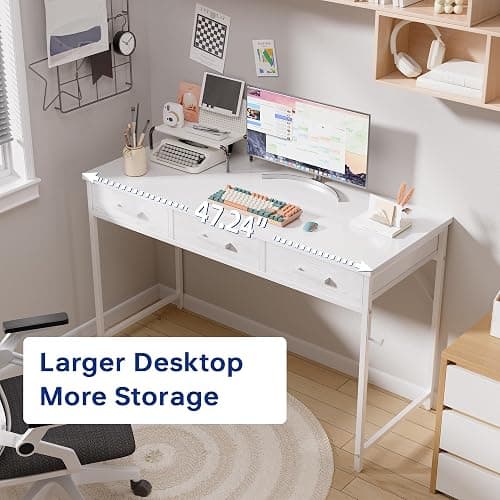 Pamray 47 Inch Small Computer Desk with 3 Drawers for Bedroom Study Writing Home Office Table for Small Spaces Pink thumbnail 4