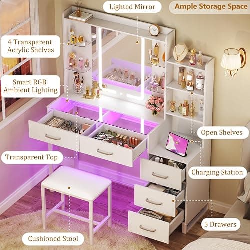 HUAHUU Vanity Desk with Mirror and Lights 3 Colors, 43.3" Makeup Vanity with Glass Top & RGB Light, White Vanity Table Set with Stool, 5 Drawers & Power Outlet for Bedroom Dressing Room thumbnail 5
