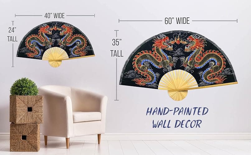 Dragons Folding Wall Fan Hand-painted Chinese Decor Artwork (40 inch wide, Black Dragons) thumbnail 4