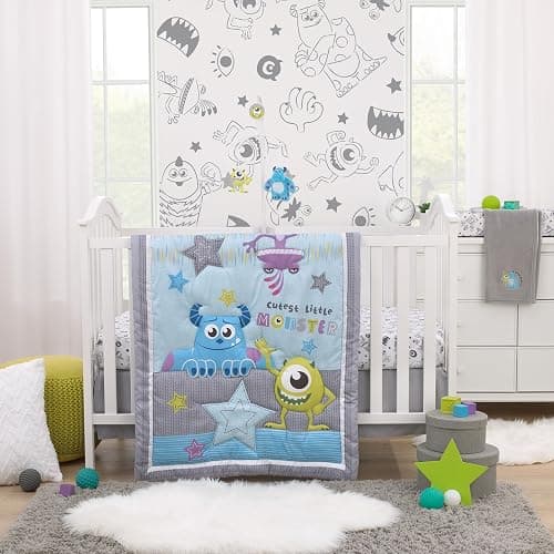 Disney Monsters, Inc. Cutest Little Monster Turquoise, Green, Purple, and Gray, Sully, Mike, and Randall 3 Piece Nursery Crib Bedding Set - Comforter, Fitted Crib Sheet, and Crib Skirt - Image 1