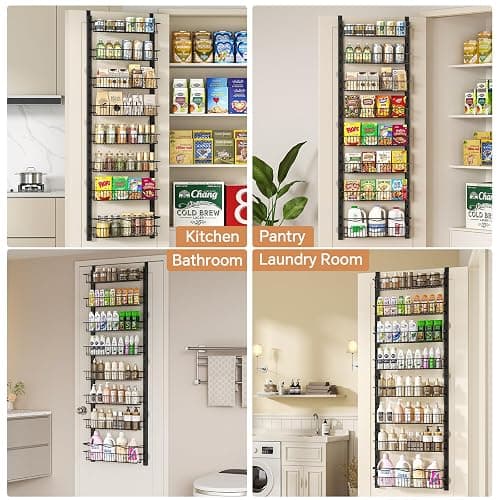 MIAOLI Over the Door Pantry Organizer, 8-Tier Adjustable Spice Rack Cabinet Door Shelves, Hanging Seasoning Organizer for Kitchen Bathroom, Laundry Room Organization, Black thumbnail 9