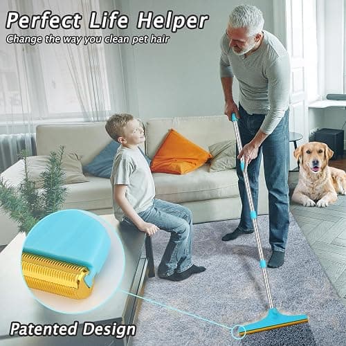 Carpet Rake for Pet Hair Removal - Reusable Pet Hair Remover, 60” Adjustable Long Handle Cat Dog Carpet Rake Scraper with Patented Design, Dog Hair Rake Brush for Rugs, Mats thumbnail 2
