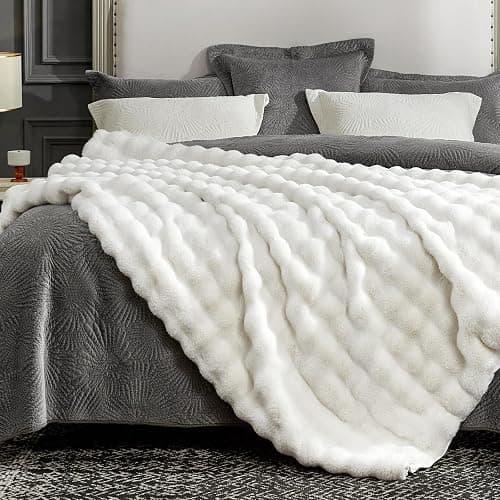 Cozy Bliss Faux Fur Throw Blanket for Couch, Fuzzy Soft Plush Thick Bubble Blanket for Sofa Bedroom Living Room, 60 * 80 Inches Cream White thumbnail 6