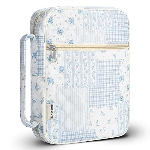 WOBAGMEN Bible Cover Case for Women,Large Bible Tote Bags Organizer Quilted Carrying Case for Girls,Bible Study Supplies Accessories Christian Gifts for Women (Blue Patchwork, M) - Image 1