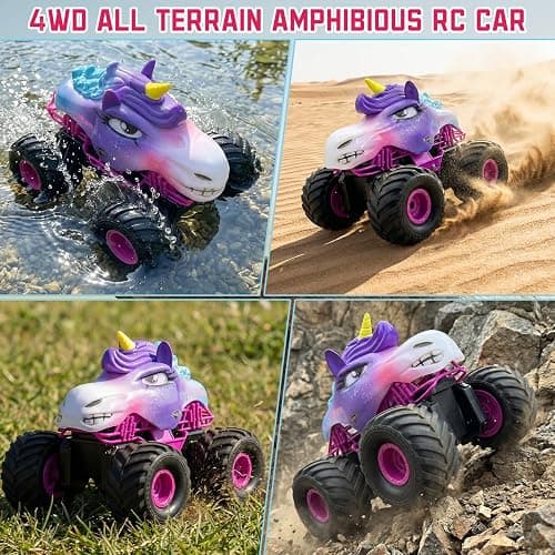 Unicorn RC Car for Girls 1:18 Amphibious Off-Road Remote Control Truck with LED Lights All-Terrain Monster Vehicle 2.4GHz High Speed Crawler Hobby Toy with 2 Batteries Birthday Gift Toys for Kids 6-12 thumbnail 2