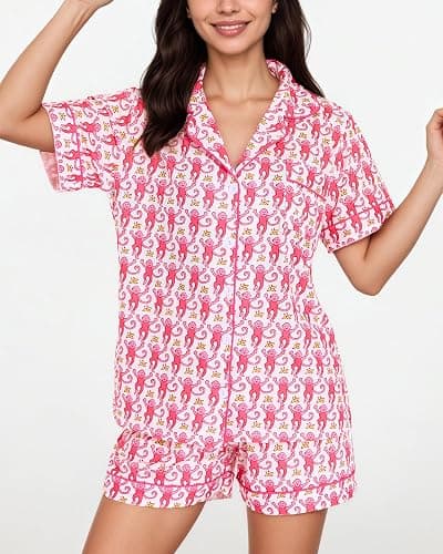 Zuafy Women's Pajamas Set Button Down Ladies Summer Pajamas Monkey Printed Sleepwear Short Sleeve 2 Pc Pjs for Birthday Gift thumbnail 4