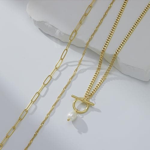 Poxtex Layered Gold Necklaces for Women,Stackable Dainty 14K Gold Silver Plated Trendy Circle Paperclip Chain Pendant Choker Necklace,Simpl Diamond Cross Bow Jewelry Set Gifts for Women thumbnail 7
