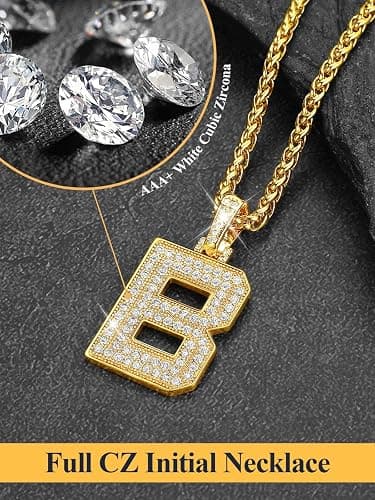 U7 Gold Initial Number Necklace for Men Women, 18K Gold/Silver Plated Diamond CZ Letter Pendant Necklace Big A-Z 0-9 Hip Hop Jersey, Customerized Letter Wheat Chain 22 Inch for Athletes Rappers thumbnail 7