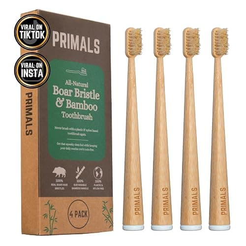 PRIMALS Boar Bristle & Bamboo Toothbrush (4-Pack) - Premium Boar Bristles - Fully Biodegradable - Plastic & Nylon Free - Quick Dry Design - Image 1